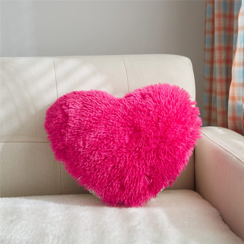 MOOWOO Fluffy Faux Fur Heart Throw Pillow for Valentine's,Mothers Day,Sherpa Plush Fluffy, Solid Color, Heart Shape Pillow for Girls,Hot Pink Love Throw Pillow (Rose Red) - Image 4